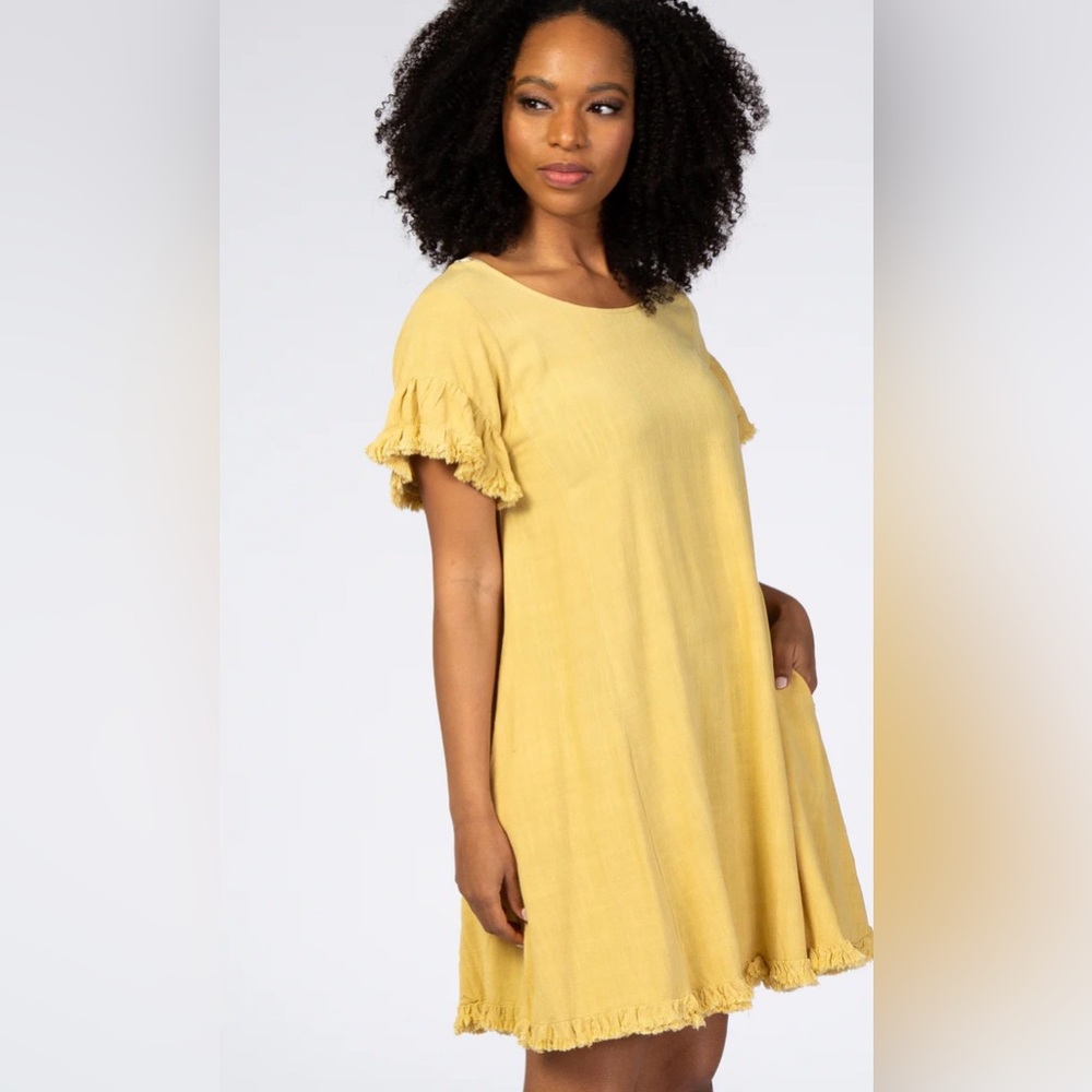 Casual Yellow Boho Fringed Short Sleeve Dress Size Large 💯% Cotton